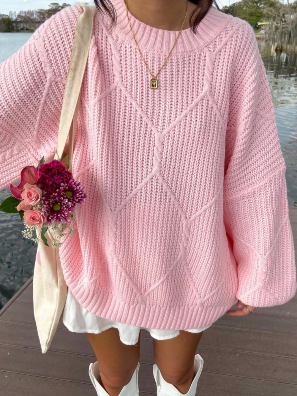 Pink Oversized Knit Sweater Drop Shoulder